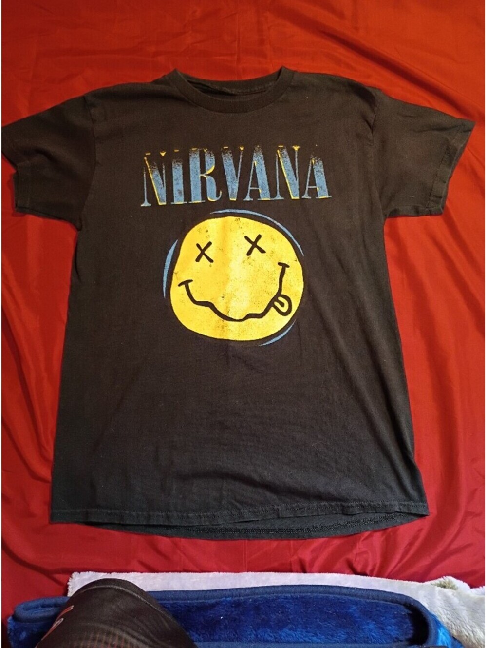 Nirvana Black Graphic T-Shirt with Yellow Smiley Face Logo